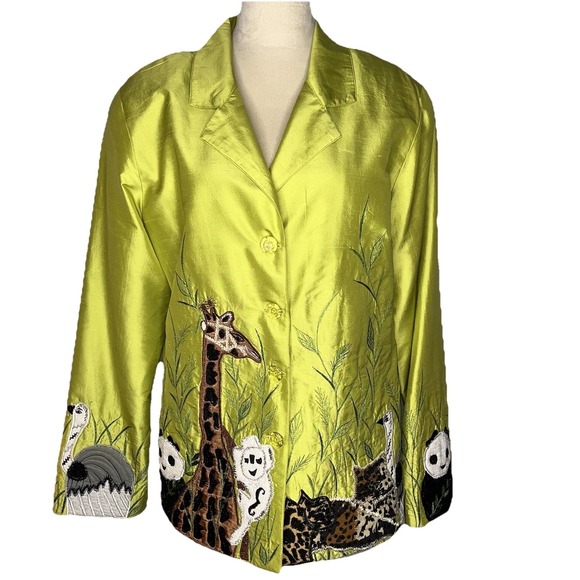 Anage Jackets & Blazers - Vtg Anage Silk Jacket Womens M Embroidered Safari Art to Wear Giraffe Peacock
